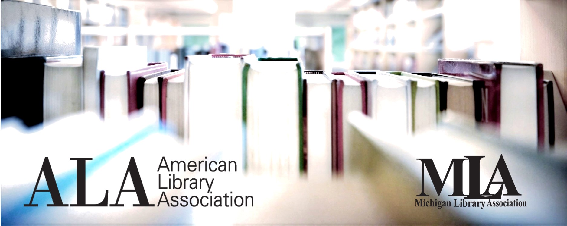 Image peering through a bookshelf with ALA logo and MLA logo
