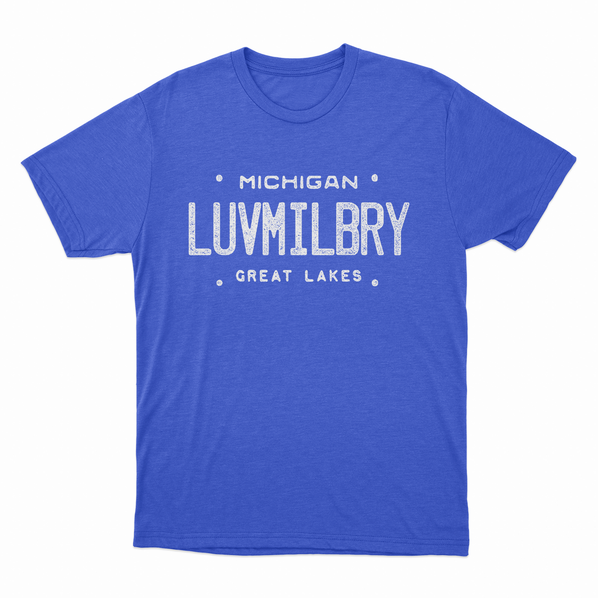 Blue t-shirt resembling a Michigan license plate that reads LUVMILBRY