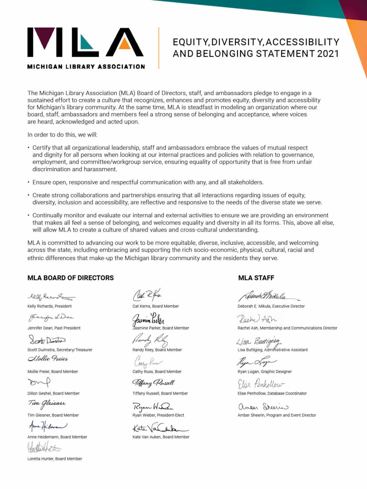 Image of equity, diversity, inclusion and belonging statement signed by MLA 2021 Board and staff