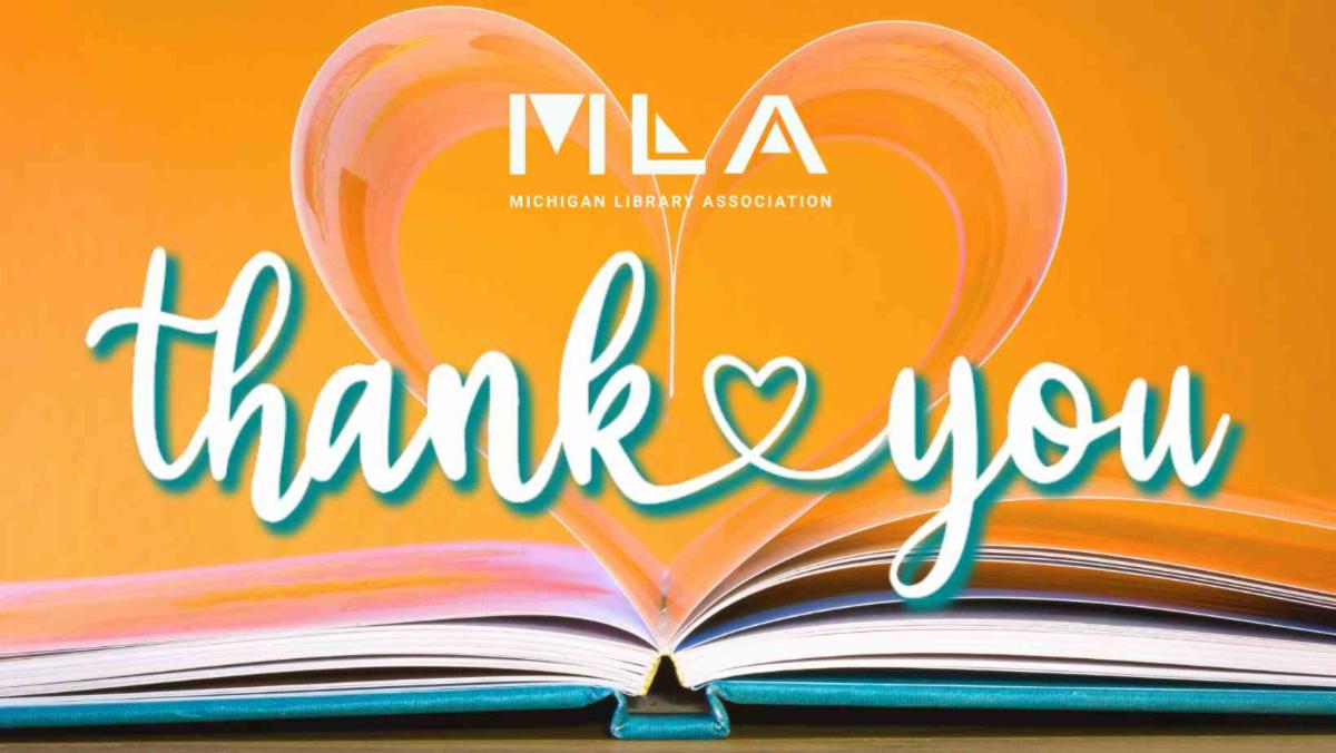 An image of a book viewed from the side with the pages forming a heart. The MLA logo and the text "thank ❤️ you" is written across it.