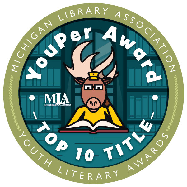 YouPer Award Top Ten Title seal with cartoon elk wearing glasses sitting at a table reading.